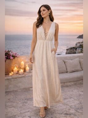 WAYF Cream Plunge Maxi Dress ✨ Lace-Up Front Resort Sunset Wedding Guest Gown